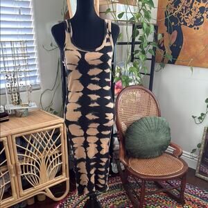 Zara Black & Tan Tie Dye Ribbed Bodycon Tank Midi Dress